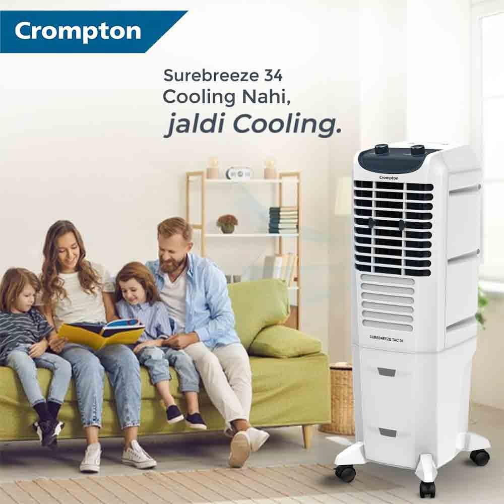 Crompton Surebreeze 34 Litres Tower Air Cooler with Overload Protection (4  Way Air Deflection, White Black)