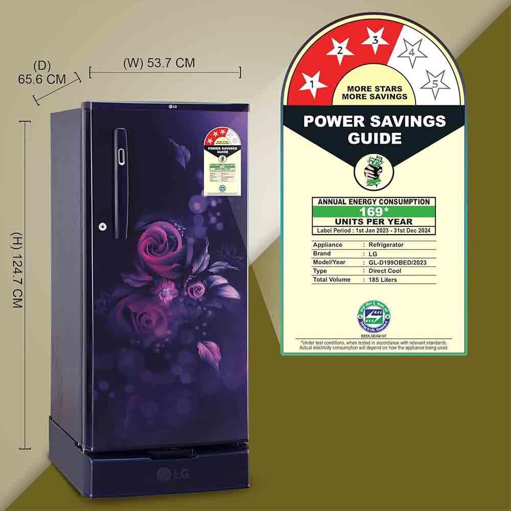 Buy LG GL-D199OBED 185L 3 Star Refrigerator - Tough Glass Shelves