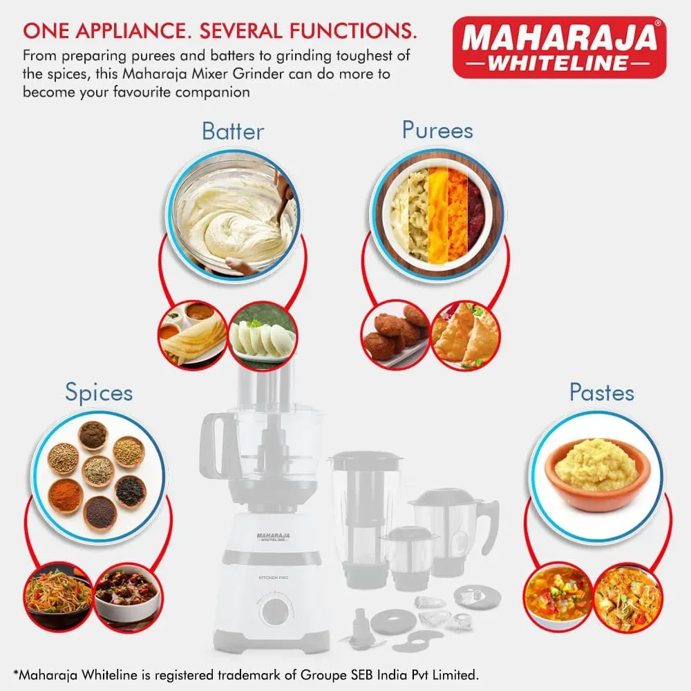 Maharaja Whiteline Kitchen Pro 800 W Mixer Grinder – Jars, FAQs