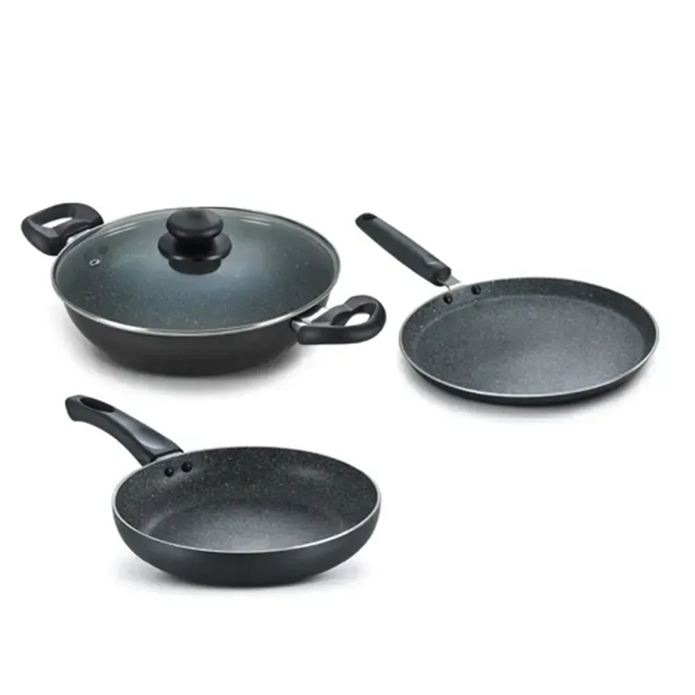 Prestige Omega Deluxe Granite Alpha Piece BYK Non-Stick Cookware Set  Kadai 24cm with Glass Lid, Omni Tawa 28cm and Fry Pan 24cm Gas and