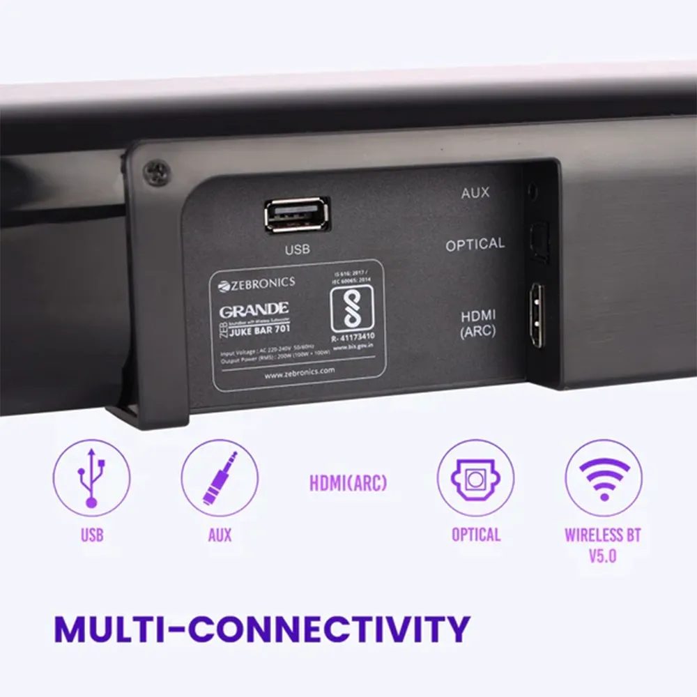 Zebronics Grande 280W Soundbar with Wireless Subwoofer – Features